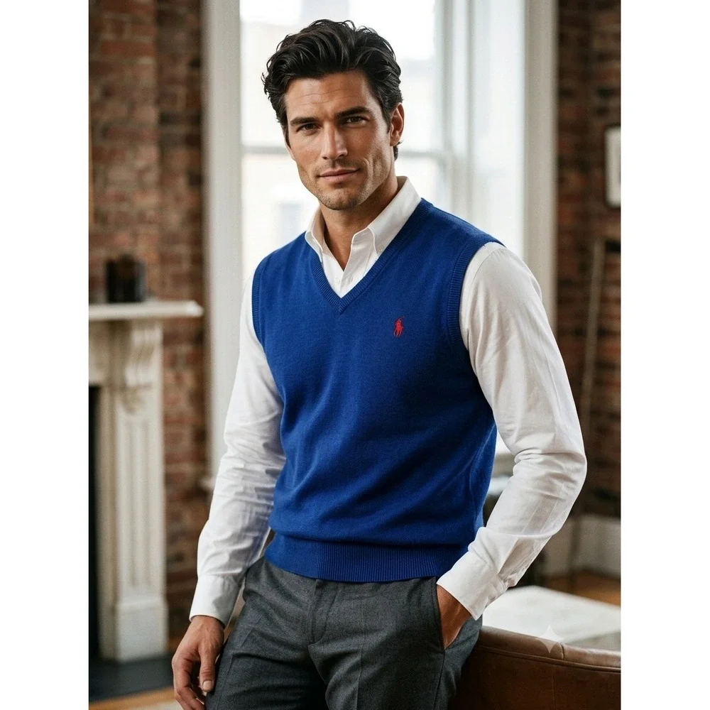 Polo Ralph Lauren V-Neck Sweater Vest Mens Large Blue 100% Pima Cottn Preppy Ivy